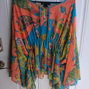 BCBGMaxAzria Turquoise & Coral Paisley Blouse with Tie Neck